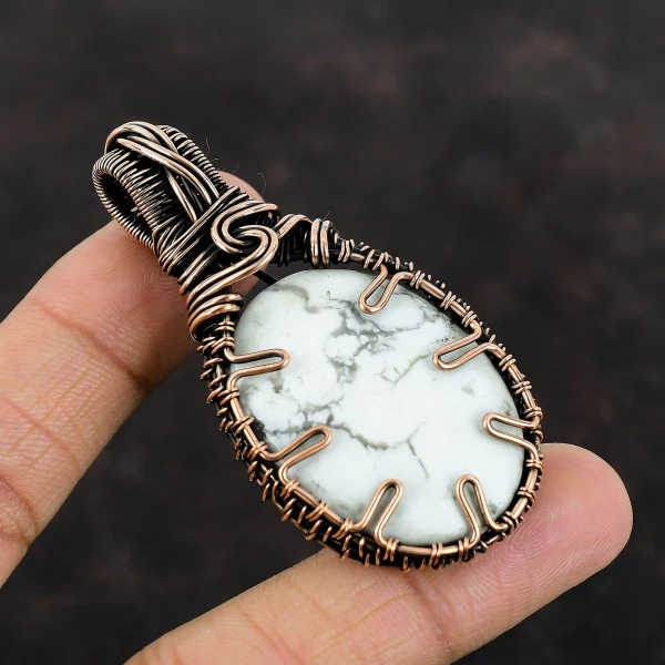 Howlite Oval White Handmade Copper Wire Wrapped Pendant
