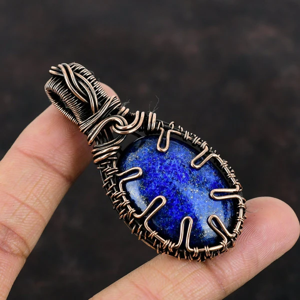 Lapis Lazuli Oval Blue Handmade Copper Wire Wrapped Pendant