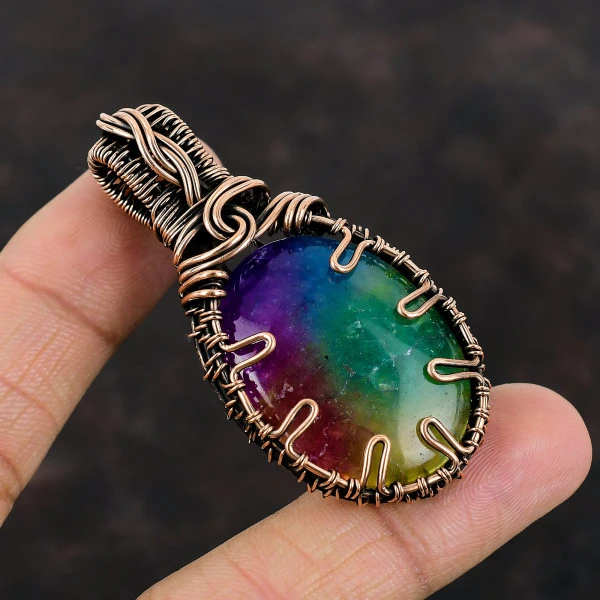 Rainbow Solar Quartz Druzy Oval Purple Handmade Copper Wire Wrapped Pendant