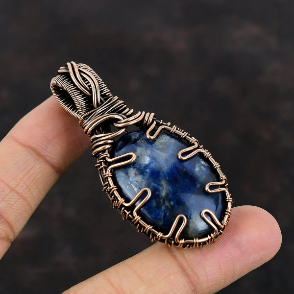 Sodalite Oval Blue Handmade Copper Wire Wrapped Pendant