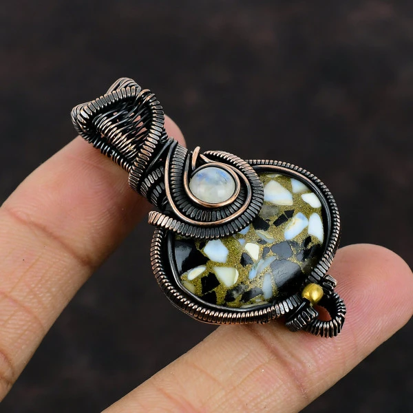 Copper Black And White Turquoise Oval Black Handmade Copper Wire Wrapped Pendant