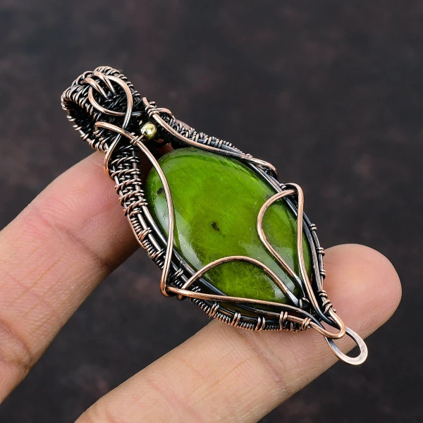 Green Fire Labradorite Oval Green Handmade Copper Wire Wrapped Pendant