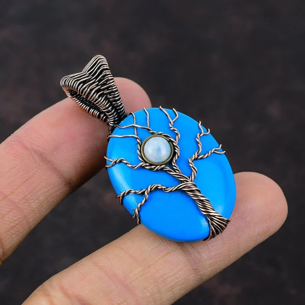 Sleeping Beauty Turquoise Oval Blue Handmade Copper Wire Wrapped Pendant