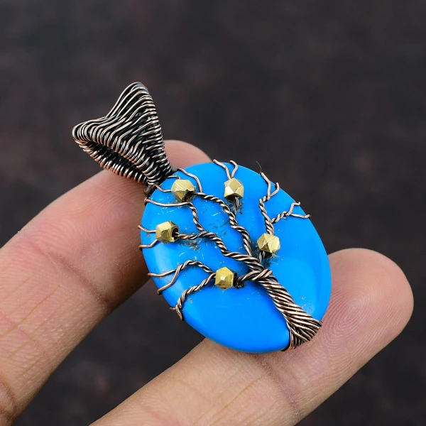 Sleeping Beauty Turquoise Oval Blue Handmade Copper Wire Wrapped Pendant