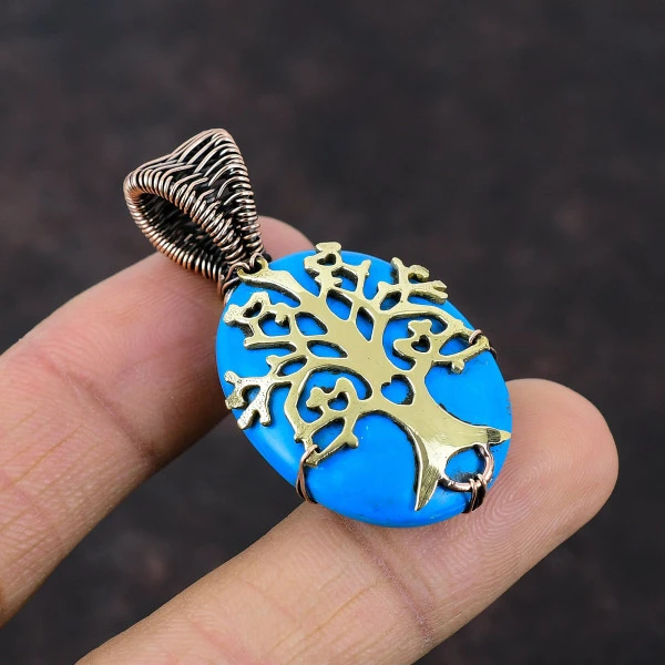 Sleeping Beauty Turquoise Oval Blue Handmade Copper Wire Wrapped Pendant