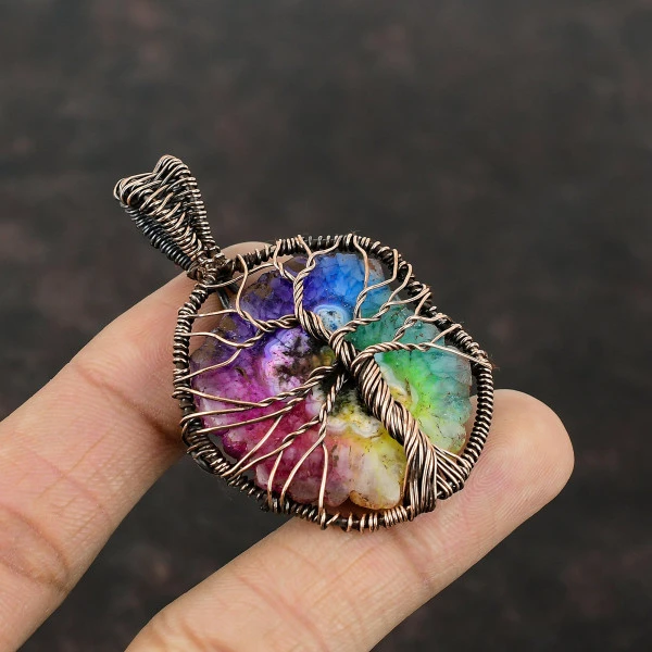 Tree Of Life Rainbow Solar Quartz Druzy Copper Pendant Wire Wrap Gemstone Jewelry