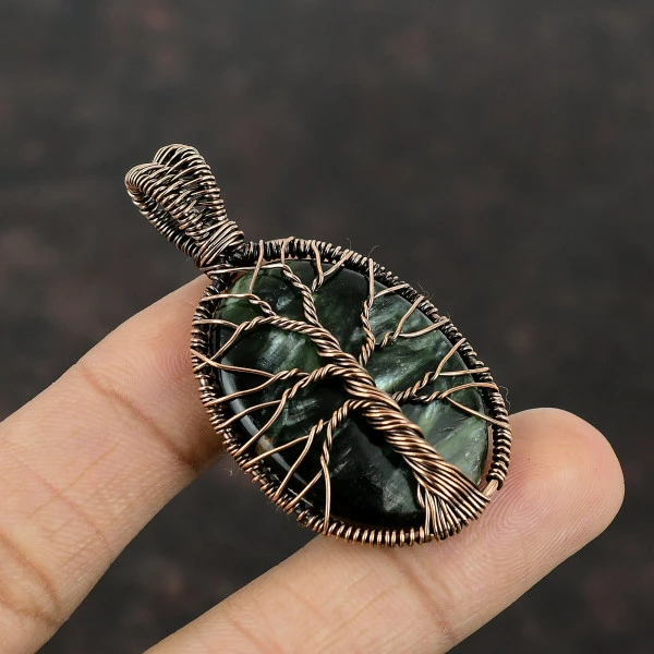 Tree Of Life Seraphinite Pendant Gemstone Pendant Copper Wire Wrapped Jewelry