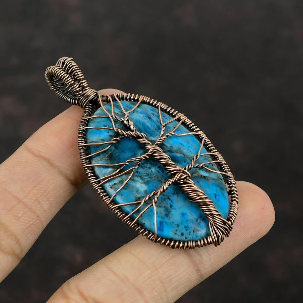 Tree Of Life Neon Apatite Pendant Gemstone Pendant Copper Wire Wrapped Pendant