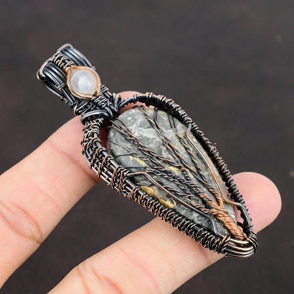 Maligano Jasper Pear Black Handmade Copper Wire Wrapped Pendant