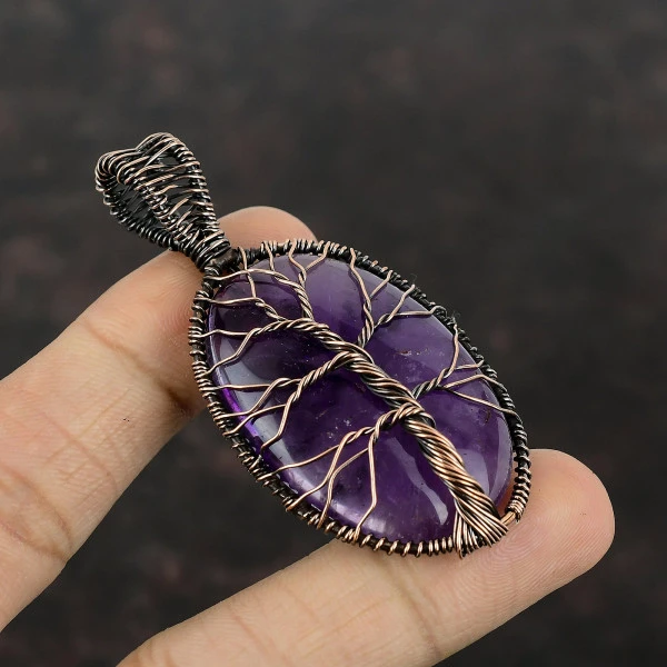 Tree Of Life Star Amethyst Gemstone Pendant Handmade Copper Wire Wrapped Pendant
