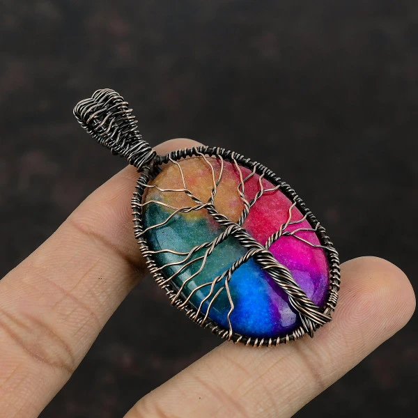 Tree Of Life Rainbow Solar Quartz Druzy Pendant Copper Wire Wrap Stone Pendant
