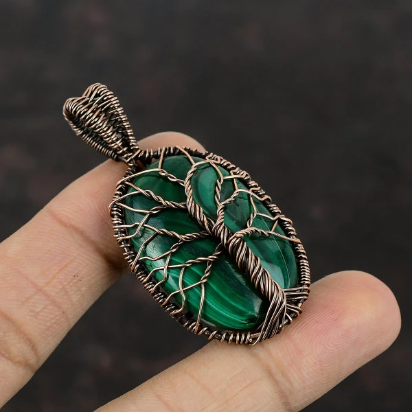 Tree Of Life Malachite Gemstone Pendant Dainty Copper Wire Wrap Pendant