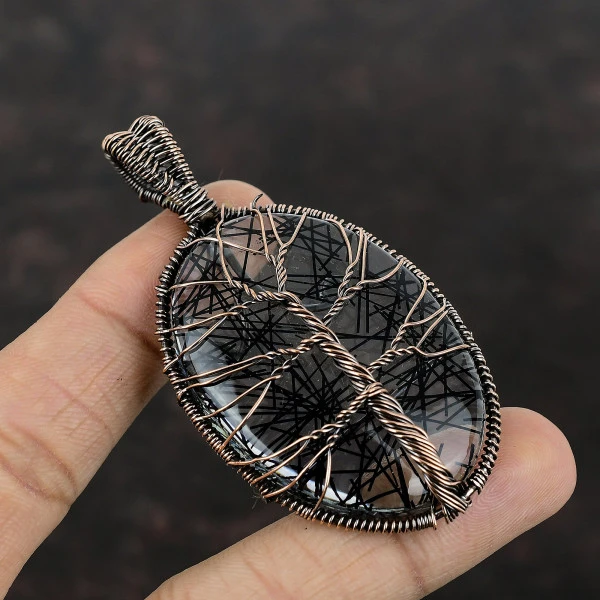 Tree Of Life Black Rutile Gemstone Pendant Handmade Copper Wire Wrapped Pendant