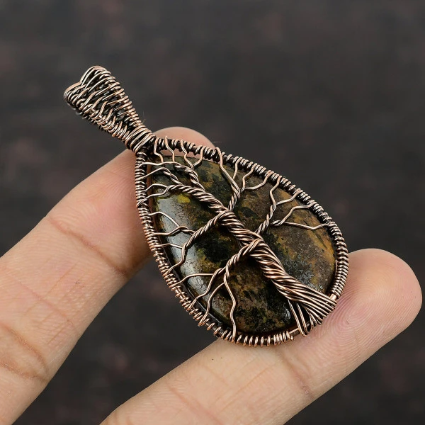 Tree Of Life Tourmalinated Quartz Pendant Copper Wire Wrapped Gemstone Pendant