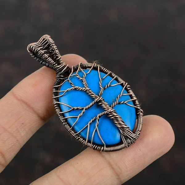 Tree Of Life Sleeping Beauty Turquoise Gemstone Pendant Copper Wire Wrap Jewelry