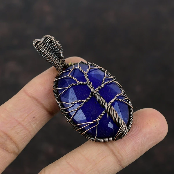 Tree Of Life Blue Sapphire Pendant Gemstone Pendant Copper Wire Wrapped Jewelry