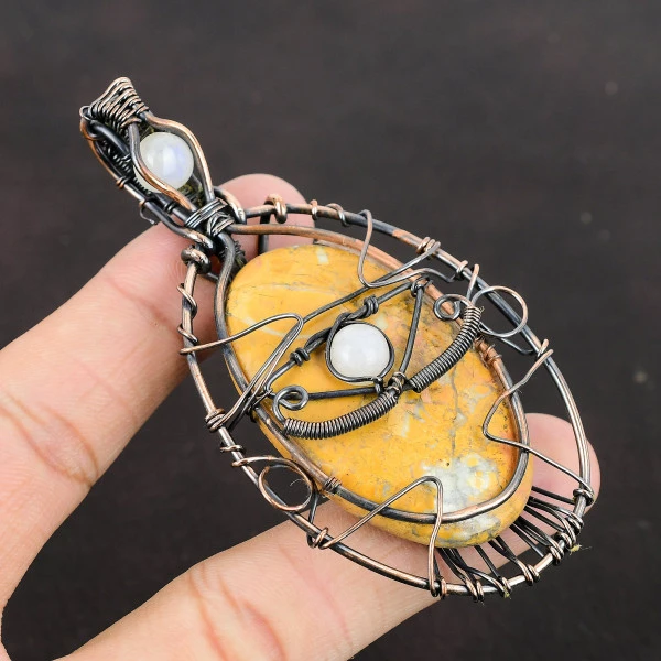 Maligano Jasper Oval Yellow Handmade Copper Wire Wrapped Pendant