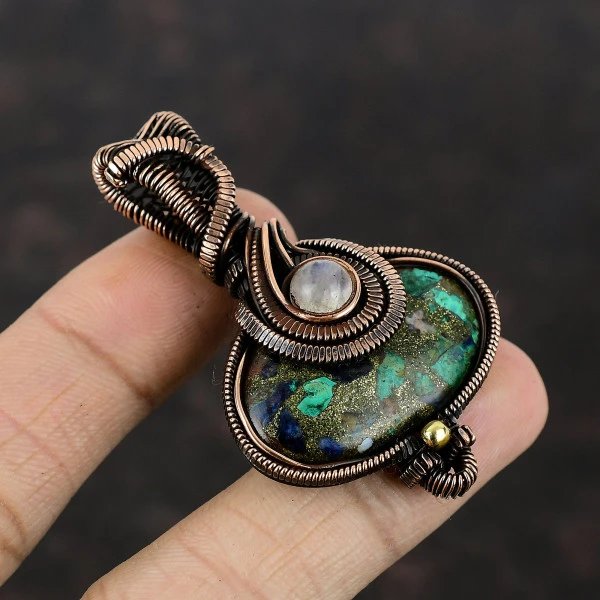 Copper Azurite Malachite Oval Green Handmade Copper Wire Wrapped Pendant