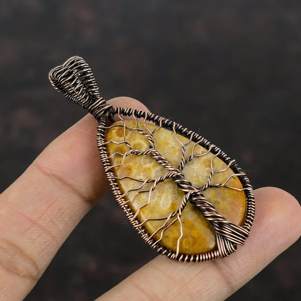 Tree Of Life Fossil Coral Pendant Gemstone Pendant Copper Wire Wrapped Pendant