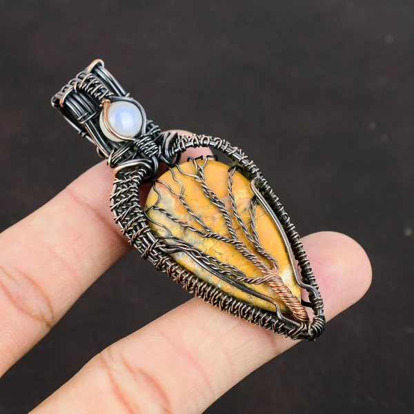 Maligano Jasper Pear Yellow Handmade Copper Wire Wrapped Pendant