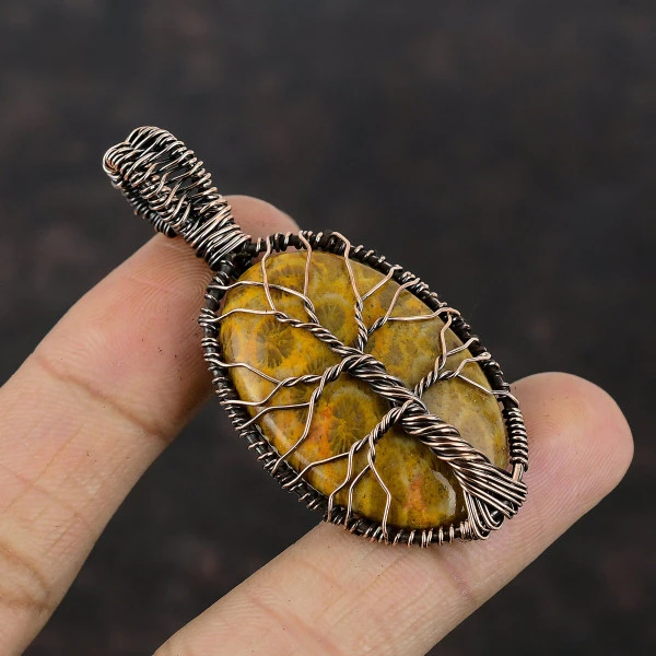 Tree Of Life Fossil Coral Pendant Gemstone Jewelry Copper Wire Wrapped Pendant
