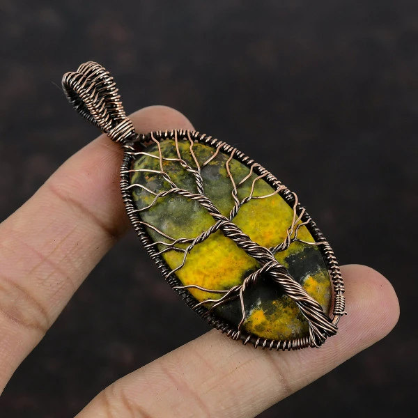 Tree of Life Bumble Bee Jasper Copper Wire Wrapped Pendant – Handmade Gemstone Jewelry