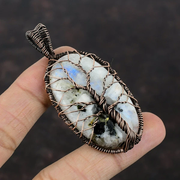 Tree Of Life Rainbow Moonstone Pendant Copper Wire Wrap Pendant Gemstone Jewelry