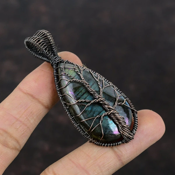 Tree Of Life Mystic Fire Labradorite Pendant Copper Wire Wrap Gemstone Jewelry