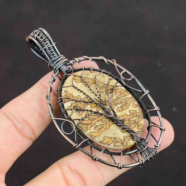 Psilomelane Dendrite Oval Brown Handmade Copper Wire Wrapped Pendant
