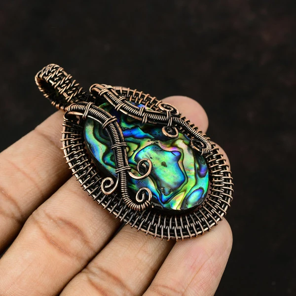 Abalone Shell Oval Green Handmade Copper Wire Wrapped Pendant