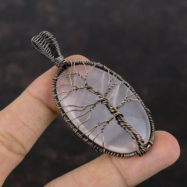 Tree Of Life Rose Quartz Gemstone Pendant Handmade Copper Wire Wrapped Pendant