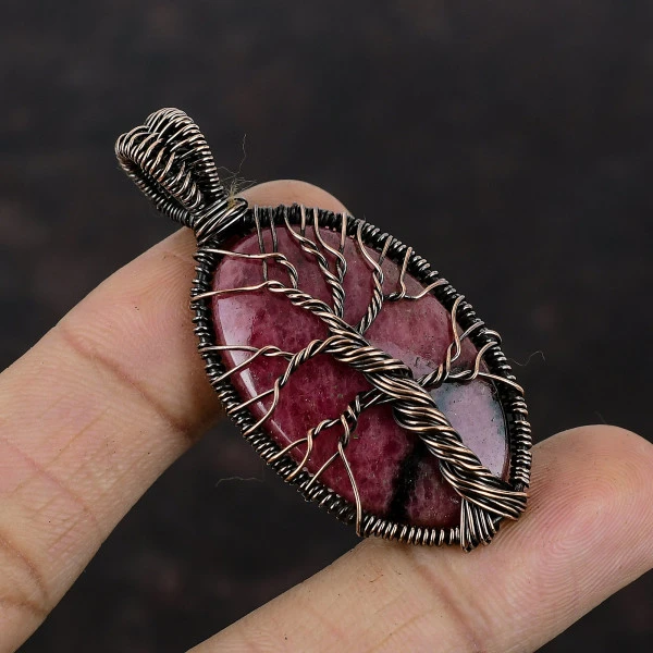 Tree Of Life Rhodonite Gemstone Pendant Handmade Copper Wire Wrapped Pendant