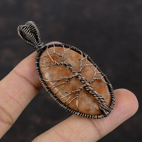 Tree Of Life Sunstone Gemstone Pendant Handmade Pendant Copper Wire Wrap Jewelry