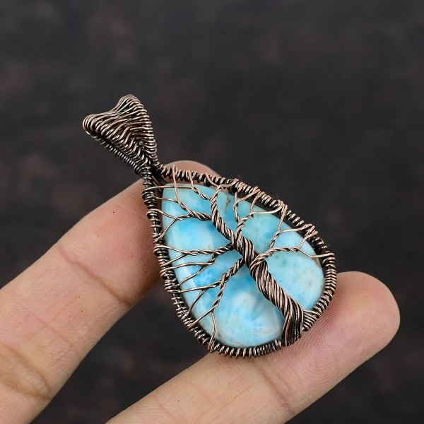 Tree Of Life Larimar Gemstone Pendant Handmade Pendant Copper Wire Wrap Jewelry