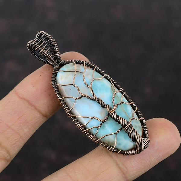 Tree Of Life Larimar Pendant Copper Wire Wrap Pendant Handmade Gemstone Jewelry