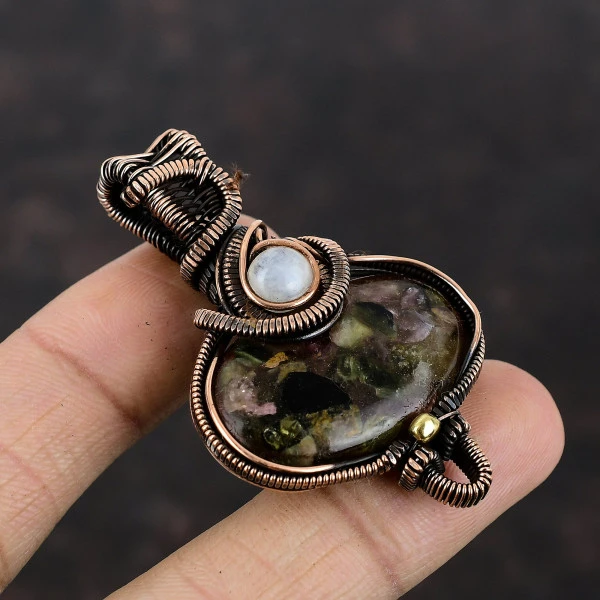 Watermelon Tourmaline Oval Black Handmade Copper Wire Wrapped Pendant