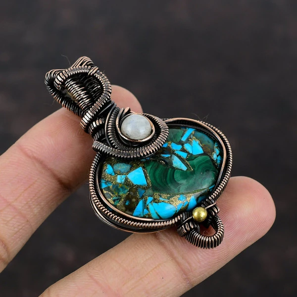 Copper Malachite Turquoise Oval Green Handmade Copper Wire Wrapped Pendant