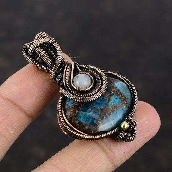 Copper Neon Apatite Oval Blue Handmade Copper Wire Wrapped Pendant
