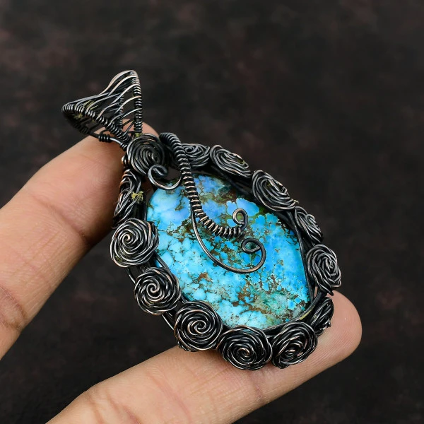 Tibetan Turquoise Oval Blue Handmade Copper Wire Wrapped Pendant