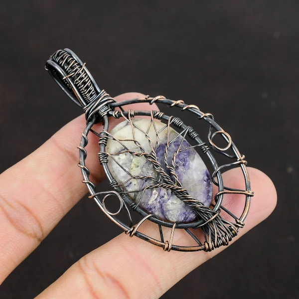 Tiffany Jasper Oval Purple Handmade Copper Wire Wrapped Pendant