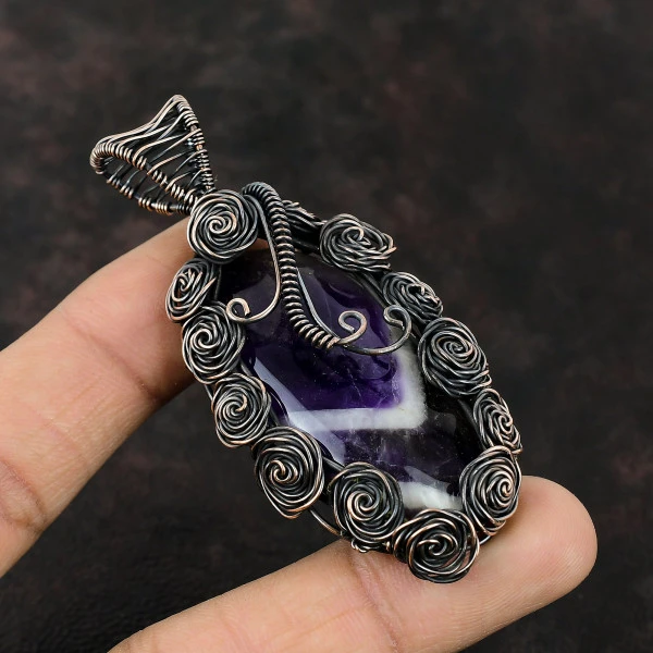 Chevron Amethyst Oval Purple Handmade Copper Wire Wrapped Pendant