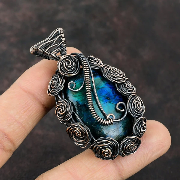 Neon Flash Labradorite Oval Blue Handmade Copper Wire Wrapped Pendant
