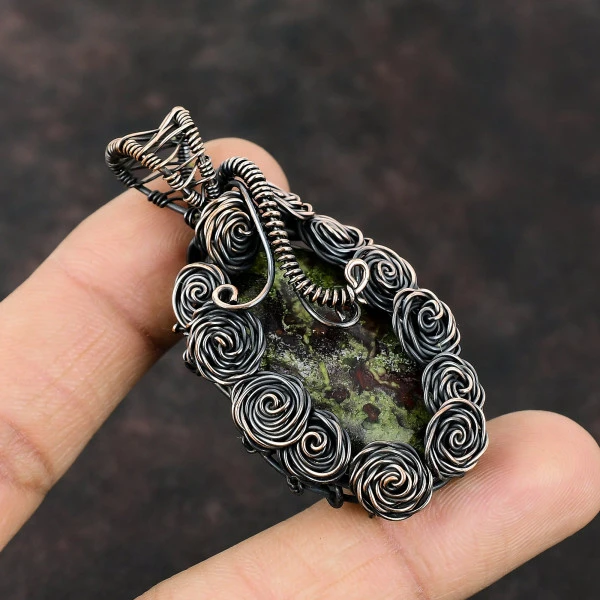 Dragon Bloodstone Oval Green Handmade Copper Wire Wrapped Pendant