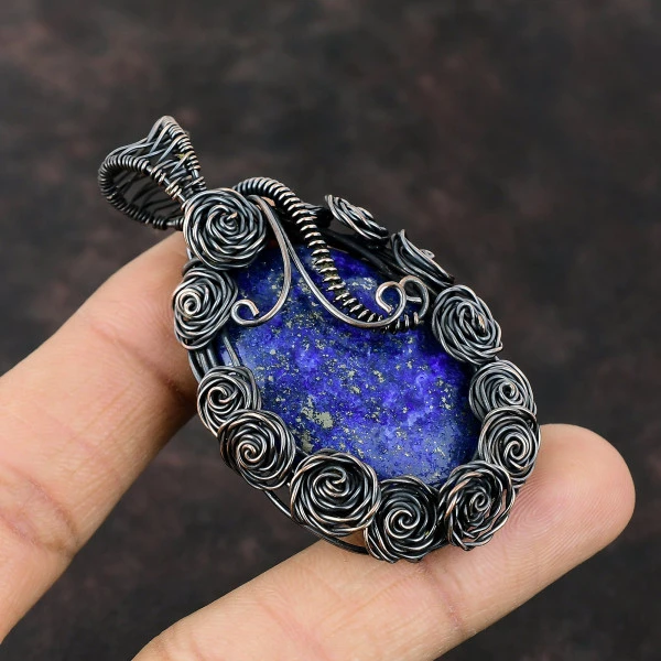 Lapis Lazuli Oval Blue Handmade Copper Wire Wrapped Pendant