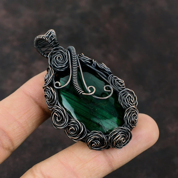 Green Fire Labradorite Oval Green Handmade Copper Wire Wrapped Pendant