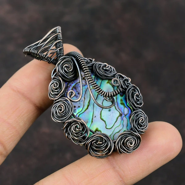 Abalone Shell Oval Green Handmade Copper Wire Wrapped Pendant