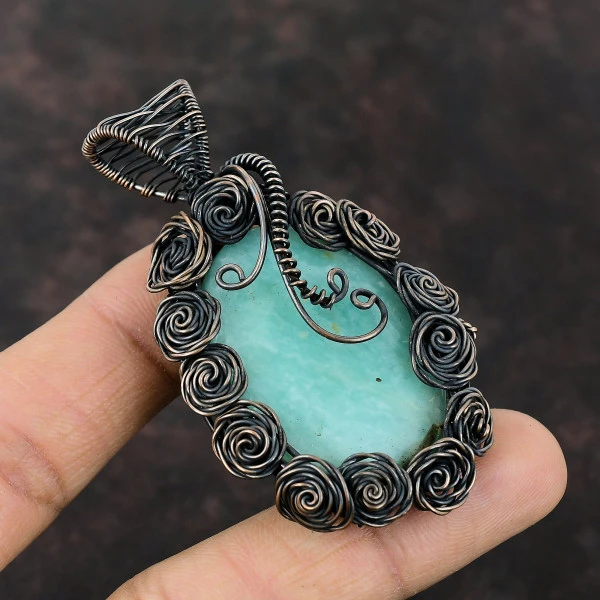 Amazonite Oval Green Handmade Copper Wire Wrapped Pendant