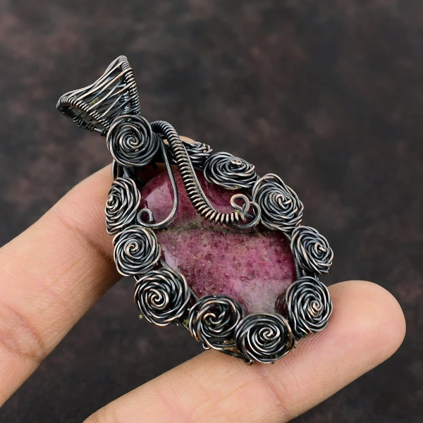 Rhodonite Oval Pink Handmade Copper Wire Wrapped Pendant