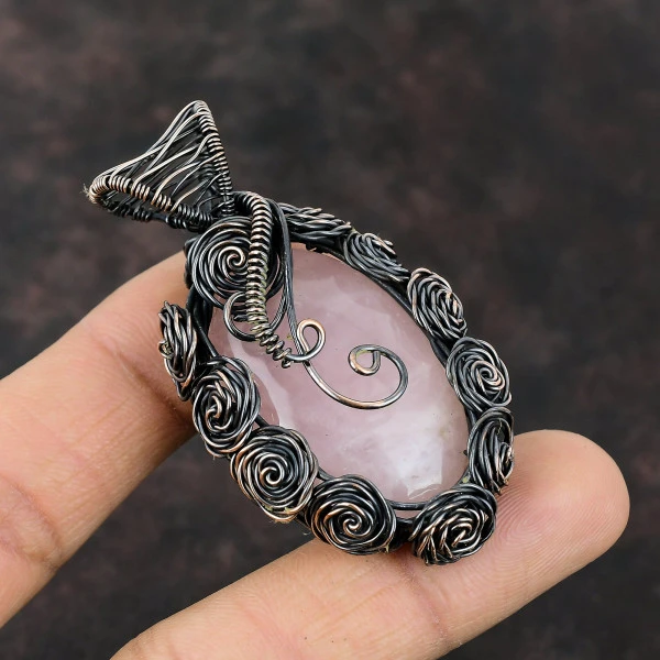 Rose Quartz Oval Pink Handmade Copper Wire Wrapped Pendant