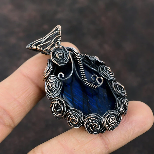 Blue Fire Labradorite Oval Blue Handmade Copper Wire Wrapped Pendant